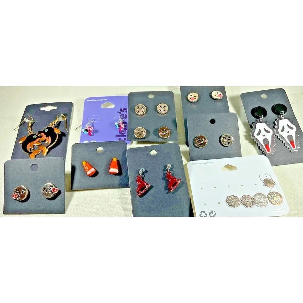 Lot 11 Pairs Pierced Earrings Kids Multicolored Emoji Skates Dolphins+ Whimsical